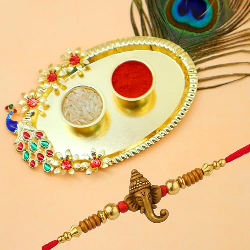 Image of JAIPUR ACE Ganesha Rakhi Gift Set | Wooden Beads Rakhi with Golden Peacock Pooja Thali & Roli Chawal | Perfect Rakshabandhan Gift for Brother, Bhaiya, Bhai, Bhabhi