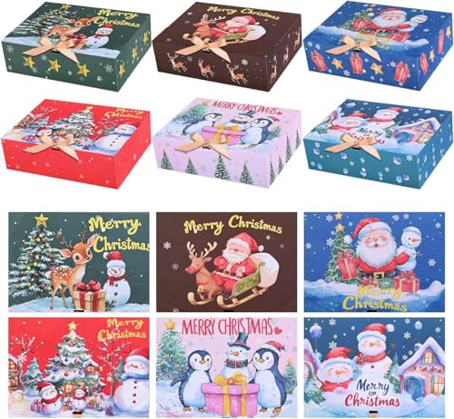LATERN 12 caixas de presente de Natal com tampas, 27 cm x 20 cm x 8 cm, caixa de presente de papel kraft de Natal, boneco de neve, Pai Natal, pinguim alce, caixa com fita dourada para embalagem de