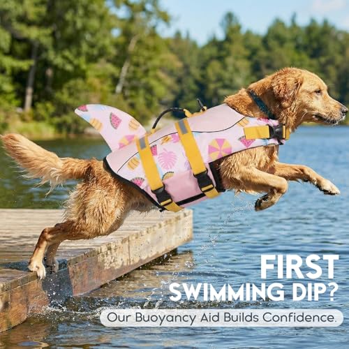 ASENKU Schwimmweste Hund, Hunde Rettungsweste zum Schwimmen, Bootfahren, Hunde Hai Schwimmwesten, Hunde Lebensretter Badeanzüge für Pool, Hunde Wasser Schwimmweste Sommerrosa S
