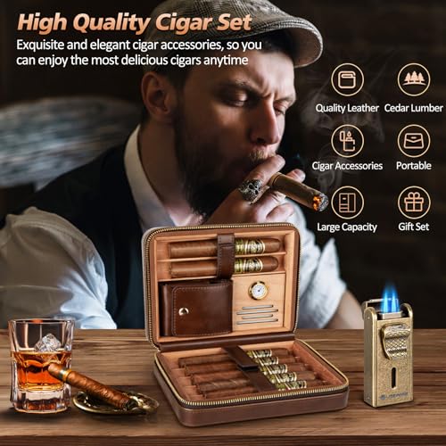Cigar Humidor, Leather Cigar Case with Cigar Lighter, Built-in Straight Cigar Cutter and Cigar Punch, Travel Cigar Humidor with Humidifier and Cedar Tray, Cigar Accessories Set for Men - Image 4