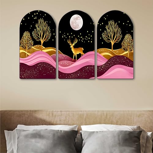 Image of Livin'luxe Deer Wall Art | Set of 3 MDF Panel Paintings | Golden Forest & Moonlight Night Theme Decorative Wall Hanging for Living Room, Bedroom, Office & Home Interiors (20 x 30 Inch) RPNS-11