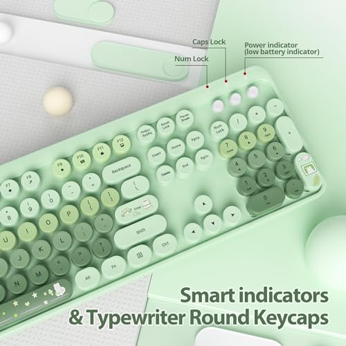 Image of Fogruaden Green Keyboard and Mouse Wireless, Retro Typewriter Keyboard, 2.4GHz 104 Keys Full Size Cute Keyboard with Number Pad, Gradient Colorful Keyboard with Round Keycaps for Windows PC Laptop