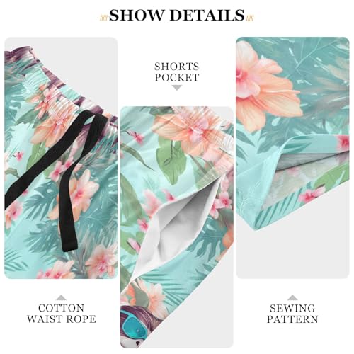senya Tropical Leaves Pink Mens Pajama Shorts Soft Pants Lounge Sleepwear Bottoms with Drawstring & Pockets4