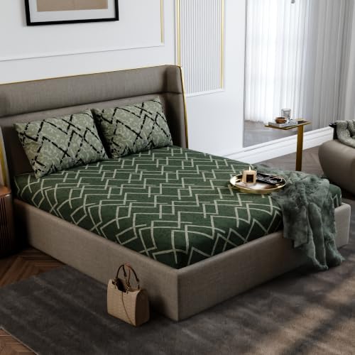Image of Stoa Paris 100% Cotton King Size Fitted Bedsheet with 2 Pillow Covers, 180TC Printed Bedding Set, All-Season Comfort, Soft & Lightweight, Home Decor, Urbanscape - Olive Mesh (182cm x 198cm + 30cm)
