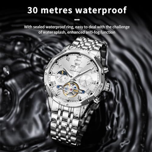 Image of OLEVS Automatic Watch for Men Original Luxury Diamond Self Winding Multifunctional Men's Watch Stainless Steel Waterproof Moon Phase Watches