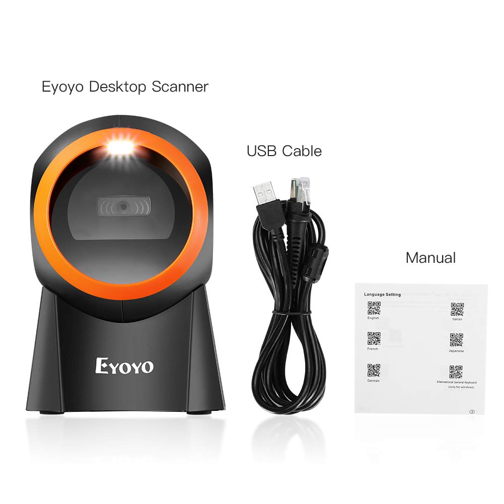 Eyoyo 1D 2D QR Desktop Barcode Scanner with Large Scan Window, Hands-Free Barcode Reader for Warehouse