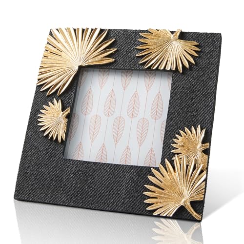 DN DECONATION Marco de fotos de 4 x 4 pulgadas, marco de fotos negro con hojas de palma doradas 3D, marco de fotos pequeño de resina vintage para decoración de mesa, decoración de pared de granja