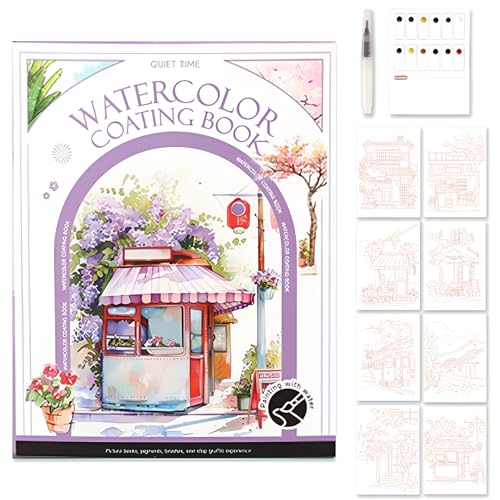 Glvomazty Quaderno di Lavoro per Acquerelli, Set di Pittura ad Acquerello per Principianti, libro da colorare con acqua con pennelli e 12 colori per bambini e adulti, Impara ad Acquerellarli