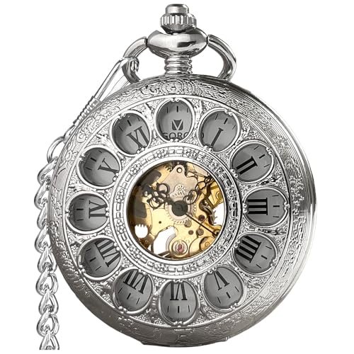 VIGOROSO Vintage Hand Wind Up Pocket Watches for Men, Mechanical Silver Pocket Watch with Chain, Mens Skeleton Pocketwatch