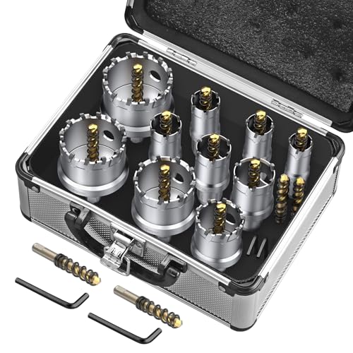 GETLITOOL TCT Hole Saw Drill Bit Set, 10 PCS Tungsten Carbide Hole Saw Kit (16-53mm) with Center Drill & L-Wrench for Steel, Hard Metal, Iron, Cut Metal up to 25mm Thickness, Tools for Men's Gift