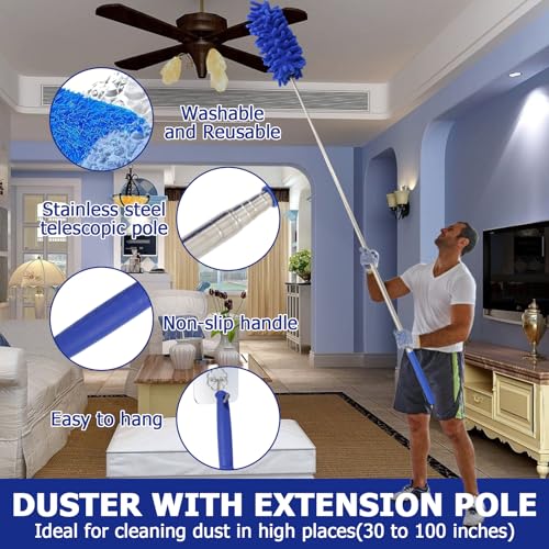 Image of Ceiling Fan Cleaner Duster Set, Dusters with Extension Pole Reusable, Microfiber Ceiling Fan Blade Cleaner, Suitable for Cleaning Wall Blinds Door Furniture Bookshelves (Blue)