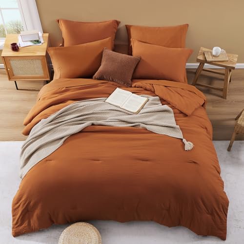 Image of Super King Plus Size Comforter Set- 7 Pieces Bed in a Bag King Bedding Sets | Prewashed All Season Comforter with Sheets, Pillow Shams & Pillowcases,Burnt Orange