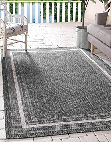 Unique Loom Outdoor Border Collection Area Rug - Soft Border (6' 1' x 9' Rectangle, Black/ Ivory)