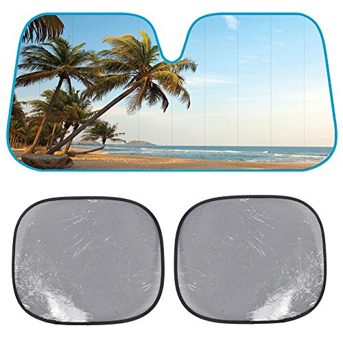 BDK USA Tropical Palm Trees Beach Accordion Folding Car Windshield Sun Shade with 2 Side Car Window Shades for Baby - Cute Jumbo Sunshade for Car to Protect Interior & Keep your Vehicle Cool 58