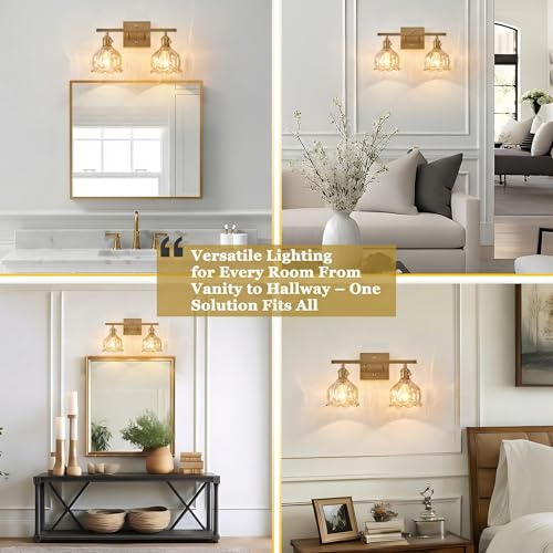 Image of 2-Light Amber Tulip Glass Vanity Light, Brushed Gold Vintage Bathroom Wall Sconce, 14.5 inch Antique Brass Wall Lamp for Mirror, Powder Room, Bedroom (Individual Rotary Switches, Bulbs Not Included)