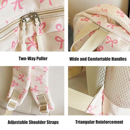 3PCS Set Bow Backpack for Girls, Cute Kawaii Backpacks Set Large Capacity, Nylon Coquette Casual Daypack (White)4