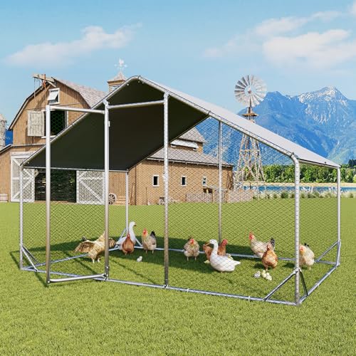 Image of Aoxun Metal Chicken Coop, Outdoor Chicken Runs for Yard with Cover, Spire Roof Hen House Enclosure with Security Lock, Walk-in Cage Peak Hen House for Yard Farm (10x6.5x6.4 FT)