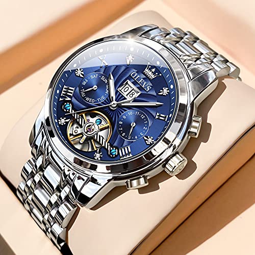 Image of OLEVS Men Automatic Watch Skeleton 5 Hands Mechanical Classic Luxury Multi Calendar Stainless Steel Waterproof Wrist Watch for Men