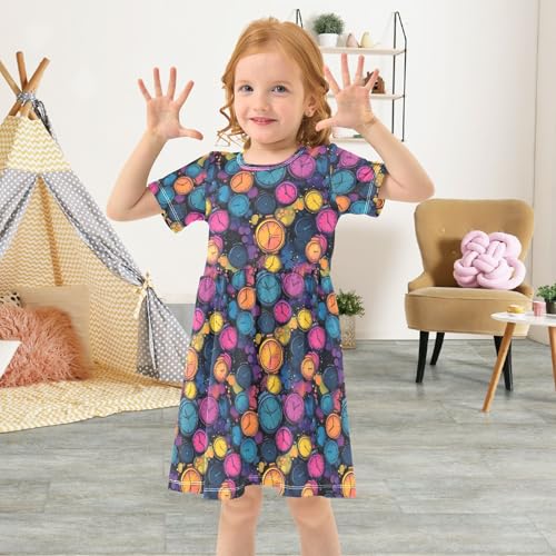 senya Summer Girl Dresses Colorful Alarm Clock Toddler Short Sleeve A-line Dress Casual Sundress4