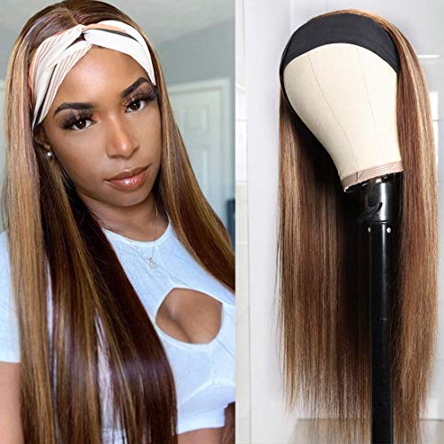 Ombre Blonde Headband Wig Human Hair Straight Highlight Honey Blonde Wig, Brazilian Human Hair Glueless None Lace Front Machine Made Wigs with Headbands Attached #4/27 150% Density (20 Inch)