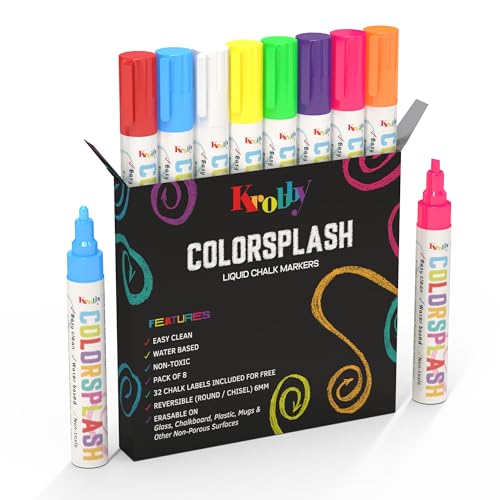 Krobby Colorsplash - Rotuladores de tiza liquida - Paquete de 8 colores neón - Para uso en todo tipo de pizarras,en las ventanas y los vidrios - punta redonda y plana de 6mm. + 32 pegatinas adhesivas