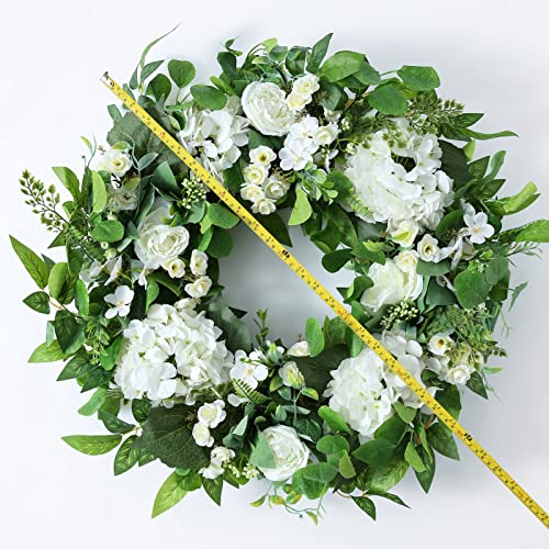24 Inch Spring Summer Wreaths for Front Door Spring Door Wreaths Spring Summer Floral Flower Wreath White Hydrangea WreathEucalyptus Green Spring Summer Door Wreath for Front Door Outside
