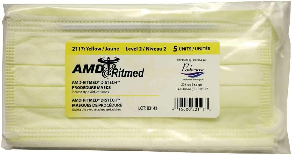 [Pack of 5] Yellow AMD Ritmed Distech Procedure Disposable Medical Face Mask | Pleated Style with Ear Loop Face Masks | Comfortable use for Hours | Level 2 Barrier Standard (5 Pieces, Yellow)