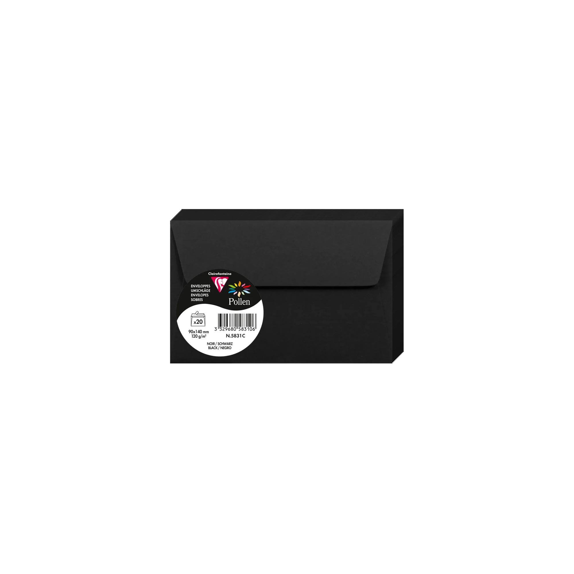 Clairefontaine 5831C Pack of 20 Self-Adhesive Envelopes Format 9x14cm 120g/m² Black Invitation Events and Correspondence Pollen Range - Premium Smooth Paper