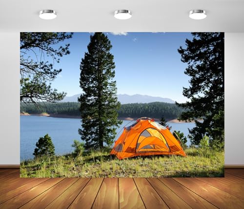 BELECO 15x10ft Fabric Lakeside Camping Backdrop Outdoor Camping Tent Green Forest Pine Trees Lake Scenery Background Spring Summer Camp Picnic BBQ Camping Party Decorations Photo Booth Studio Props