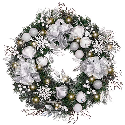 Valery Madelyn Pre-Lit 30 Inch Frozen Winter Silver White Christmas Wreath for Front