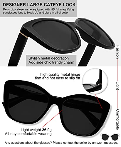 MARE AZZURO Cat Eye Reading Sunglasses Women Oversized Square Sunglasses Readers 0 1.0 1.25 1.5 1.75 2.0 2.25 2.5 2.75 3.0 3.5 (Black, 1.50)4