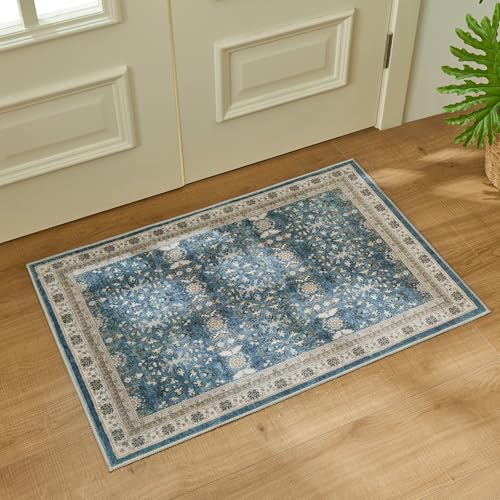 WITSHOCK Retro 2x3 Rug for Small Space, Blue Entrance Mat Machine Washable Indoor Door Rug Low Pile Runner for Bedside, Entryway, Door, Kitchen