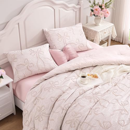 Image of Andency King Size Cute Comforter Set, 3 Pieces Pink Boho Tufted Bedding Set, 3D Puffy Bow Comforters for All Seasons (1 Comforter, 2 Pillow Shams), 104 inchx90 inch, Soft Peach