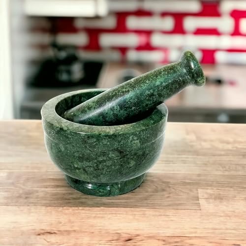 Image of Saudeep India Green Marble Granite Imam Dasta, Mortar and Pestle Set, Ohkli Musal, Kundi, Kharal or khalbatta or Mixer and Grinder Set for Kitchen (Green, 4x3 Inchs)