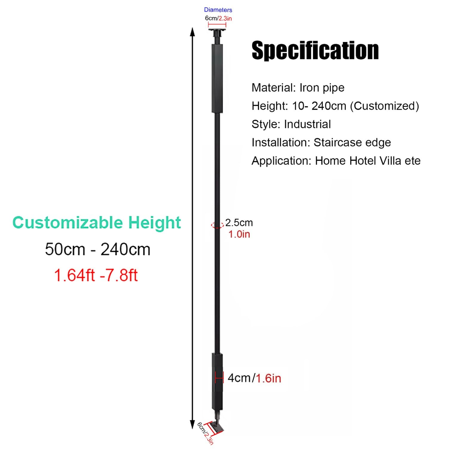 Ringhiera Vetro scale interne esterni Rotondo Balaustre In Metallo per Scale Interne, Angolo Regolabile Pilastro Parapetto per Gradini per Prevenire Cadute/Barriere di Sicurezza, Lunghezza 10-240