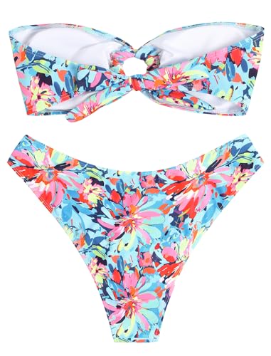 Image of ZAFUL Women's Bandeau Bikini O Ring Strapless Tie Back High Cut Two Piece Swimsuit Bathing Suits