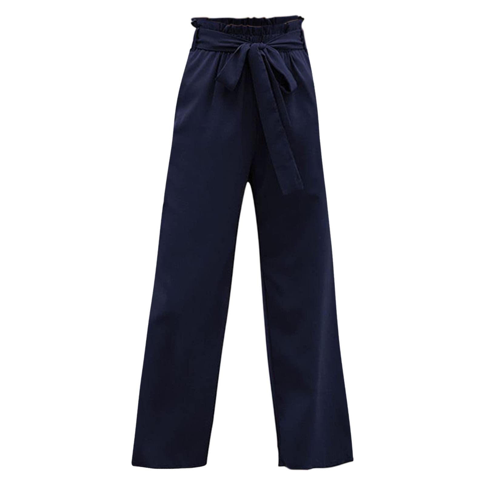 YOLAI Women Wide Leg Pants High Waisted Tied Belt Pants Summer Casual Business Work Pants with Pockets