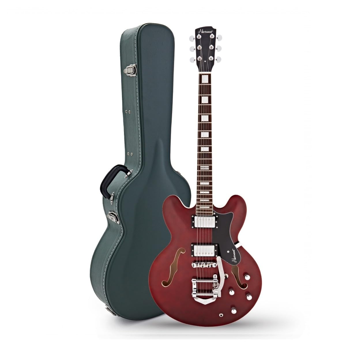 Hartwood Revival Vibrato Semi-Acustica e Custodia, Cherry Red | Include Custodia Rigida, Vibrato Sfumato tramite Braccio Tremolo Integrato, Corpo Semi-Cavo in Tiglio, Cherry Red