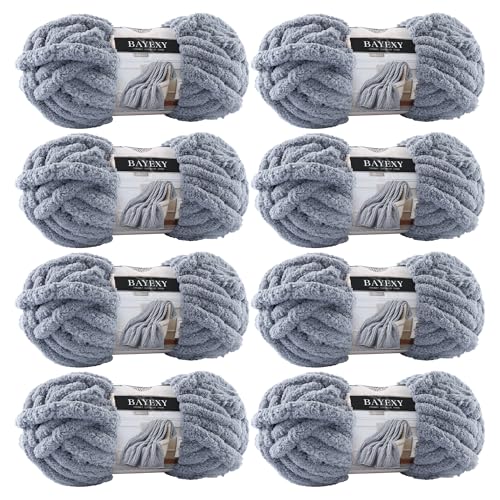 Image of Chunky Chenille Yarn for Hand Knitting 8 Jumbo Pack Jumbo Chunky Yarn for Hand Soft Blanket Knitting, Bulky Thick Fluffy Yarn for Crocheting (Medium Gray)