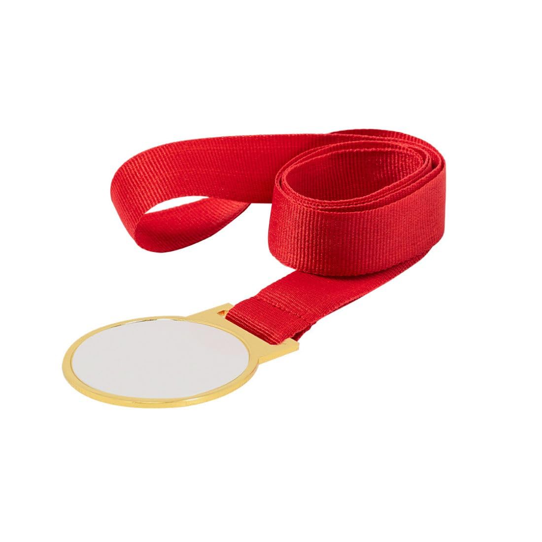 Genérico Pack 50 Medallas para Sublimación con Cinta Roja – Acabado Metálico Dorado – Ø 5 cm – Lote para Personalizar y Ofrecer en Eventos Escolares, Deportivos o Infantiles