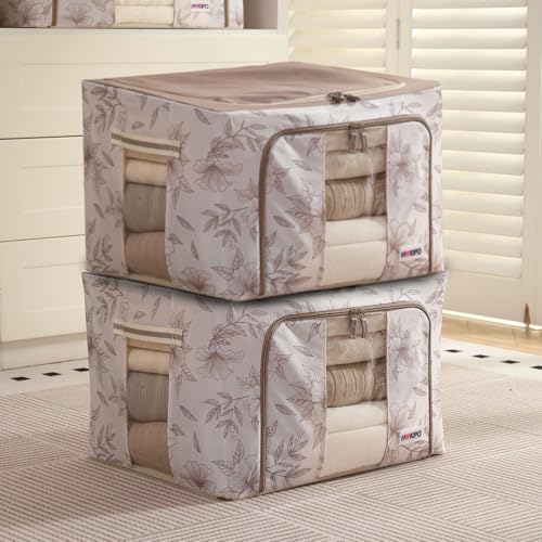 Image of HOKIPO 66L(L) Clothes Storage Box, 600D Oxford Fabric Organiser for Wardrobe, Latte Floral Pack of 2 (AR-6486-LBR*2)