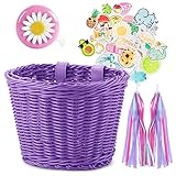 Wicker Bike Basket for Kids Kid's Bike Basket Front with Handlebar Streamers Bell DIY Bike Decoration Accessories for Girls and Boys (Purple)