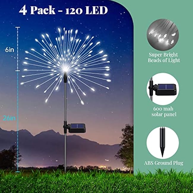 Solar Firework Lights - 4 Pack 120 LED Decorative Starburst Lights, 12 Hrs Working Time, for Garden Pathway, Courtyards, Wedding & Christmas Decor (Cool White)