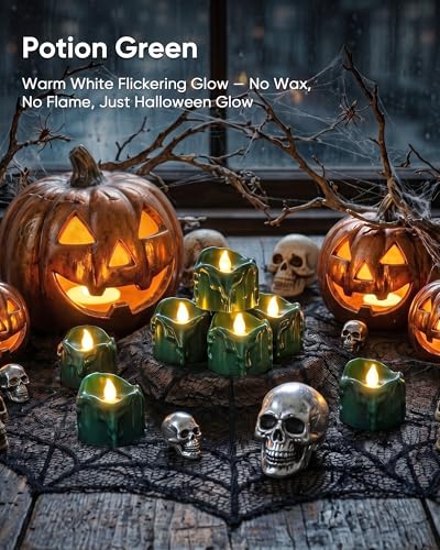 Image of Homemory 24 Pack Green Dripping Flameless LED Tea Lights, 1.58 inch x 1.2 inch Battery Operated Flickering Fake Candles, 200+ Hours Electric Votive Tealights for Wedding, Halloween, Christmas Centerpieces