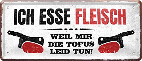 Targa Decorativa In Metallo 'Fleisch Ist Mein Gemüse' (La Carne è La Mia Verdura) - 28x12 Cm - Con Fori Per Montaggio - Regalo Per Amanti Della Griglia