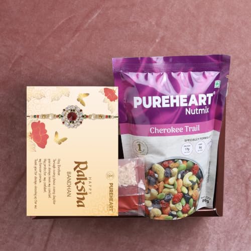 Image of PUREHEART Rakhi Gift Hamper- Cherokee Trail Mix (80g) and Chocolates with Floral Rakhi for Brother, Gift Card, Pooja Rice, Kumkum - Dry Fruits and Nuts Gift