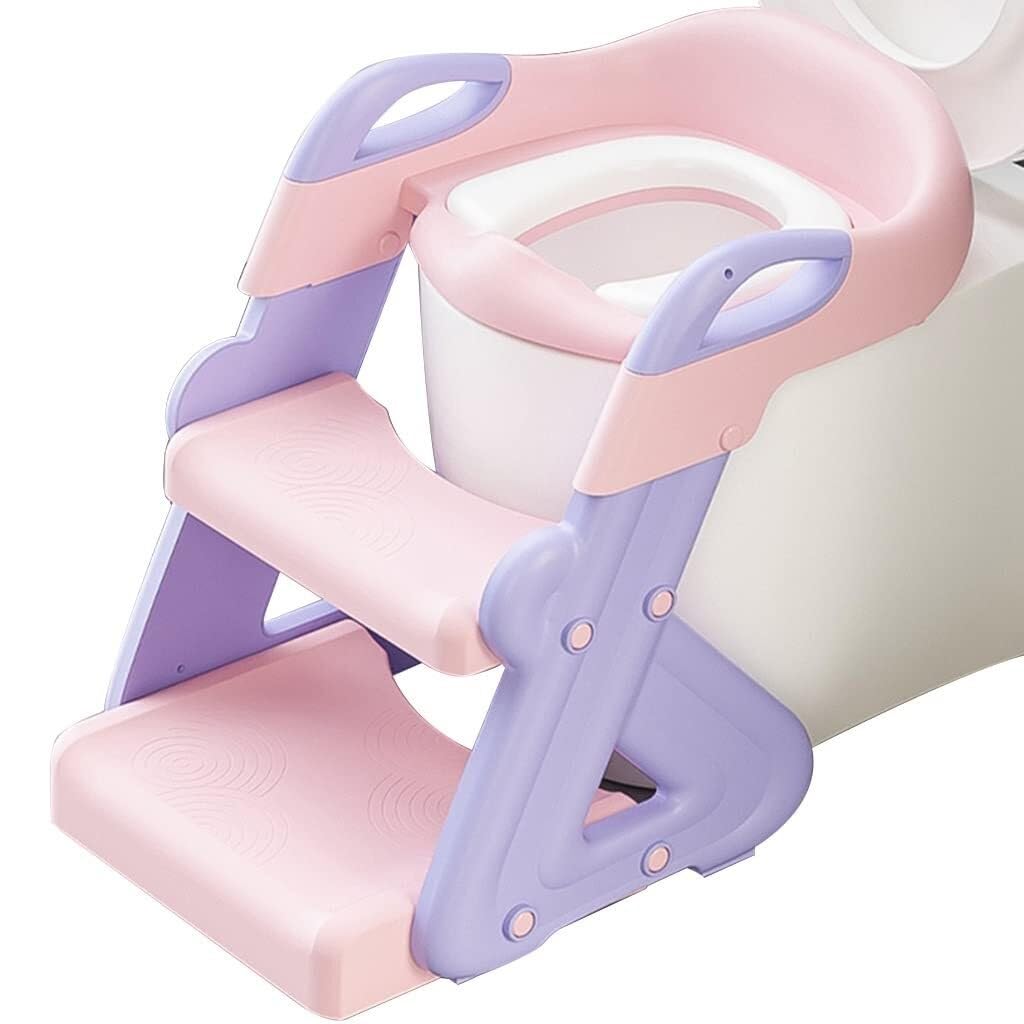 Adjustable Potty Training Seat with Ladder for Boys & Girls, Foldable PP Toilet Chair with Splash Guard, 150kg Load(Pink)