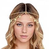 Wahrsagerin Kopfschmuck mit Rundem Pailletten-Anhänger, Quaste Festival Kopfkette Böhmisches, Göttin Accessoires Gold Stirnkette Doppelschichtiges Kopfschmuck Gold für Verschiedene Anlässe
