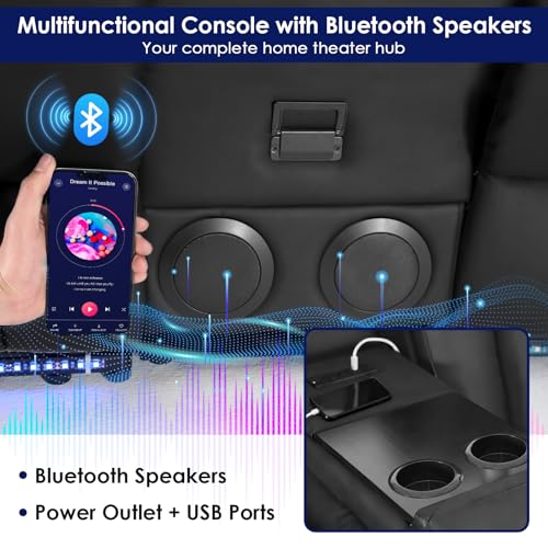 Image of Redlife Power Loveseat Recliner Sofa with Console, PU Leather Dual Reclining Couch with Blue LED Light, Bluetooth Speakers, Phone Holders, USB Ports, Home Theater & RV Recliner (Black)