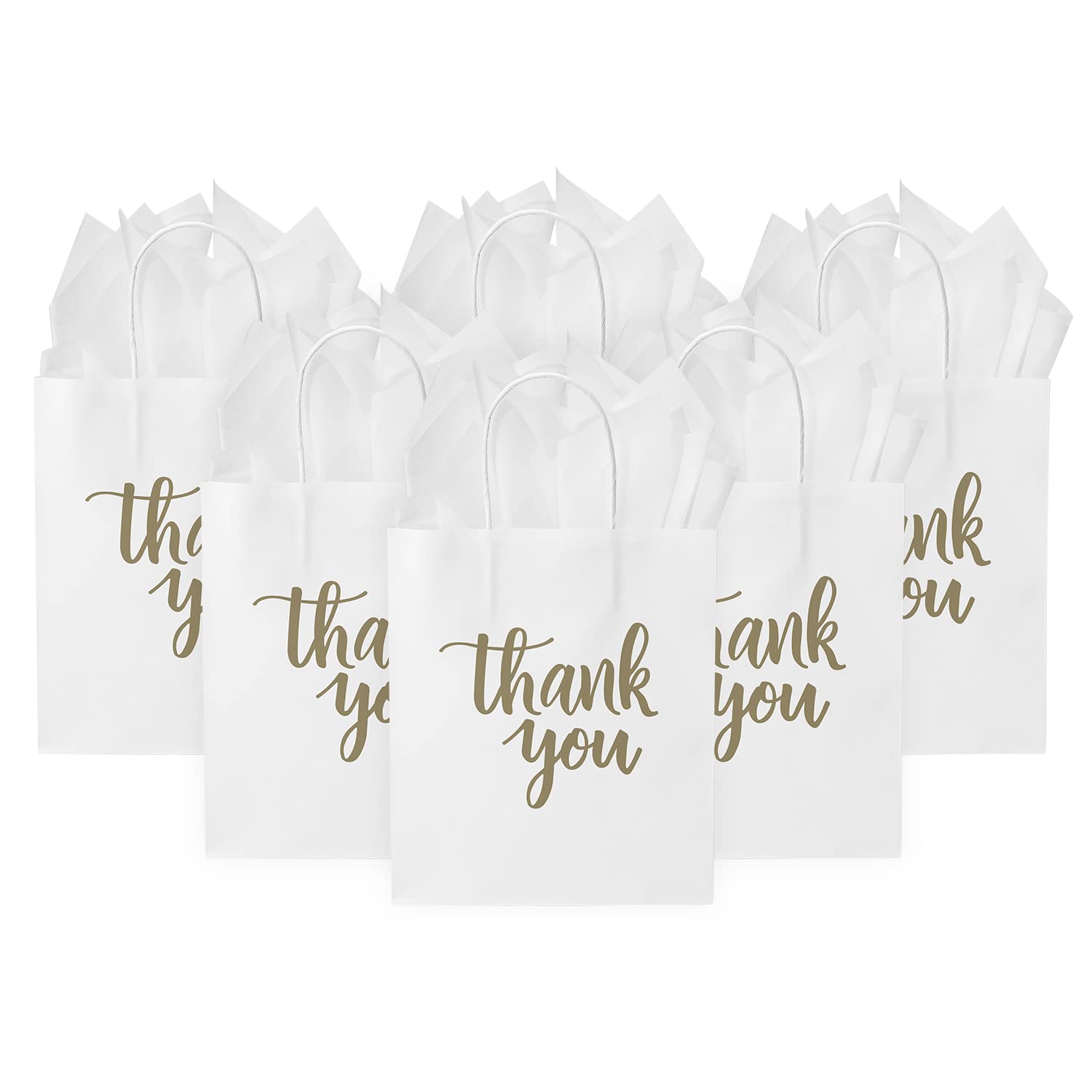 DjinnGlory 50 Pack Medium White Thank You Paper Bags with Handles and 24 Sheet White Tissue Paper for Small Business, Shopping, Wedding, Baby Shower, Party Favors (Medium 10''x8''x4'', White)